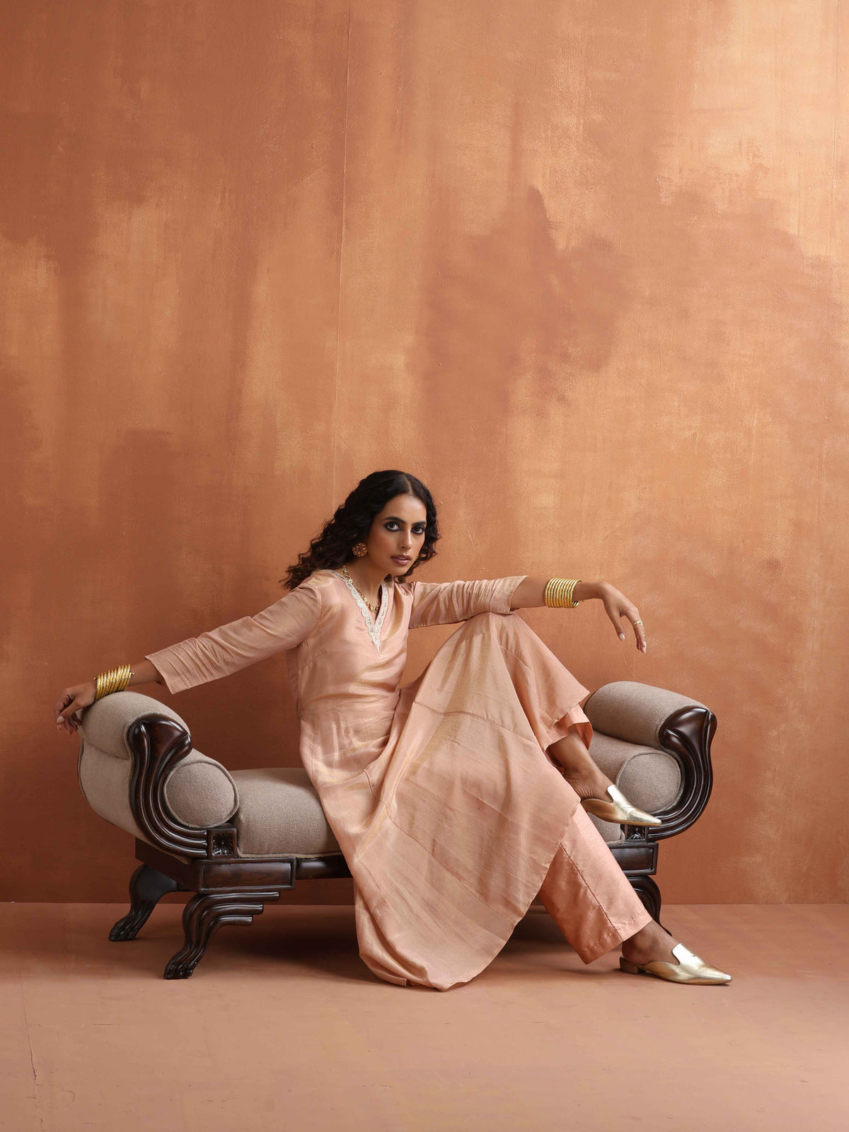 trueBrowns Blush Pink Tissue Flared Anarkali Kurta Set | Grocsy