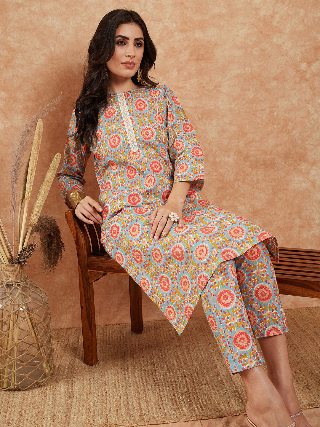 InWeave Women's Light Blue Floral Jaal Gota Work Straight Kurta Pant Set | Grocsy