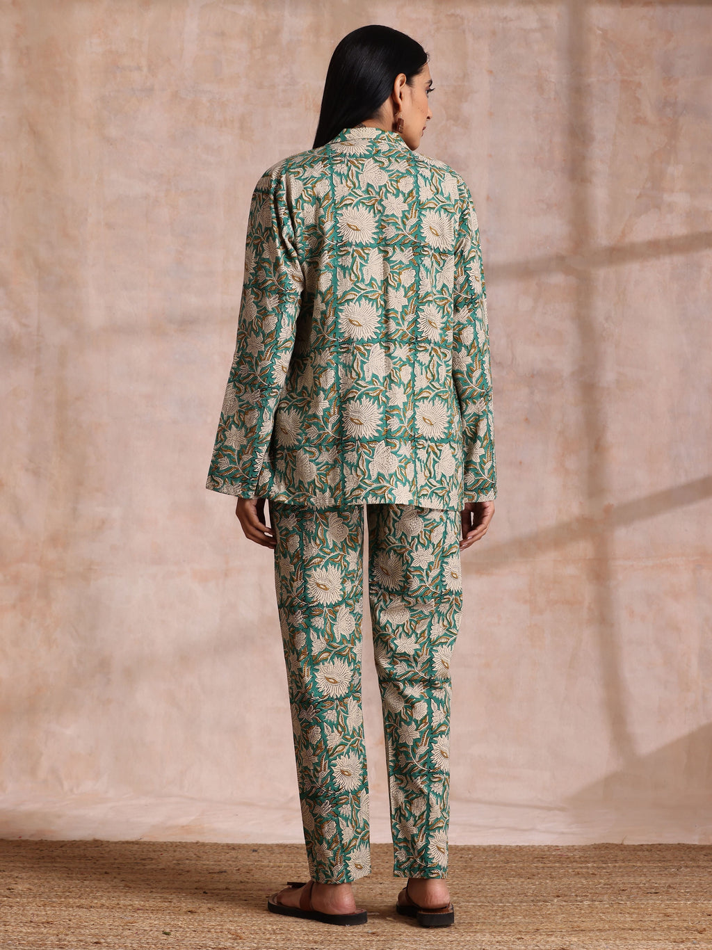 trueBrowns Fern Green Overall Floral Block Print Cotton Pant Suit Set | Grocsy