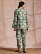 trueBrowns Fern Green Overall Floral Block Print Cotton Pant Suit Set | Grocsy