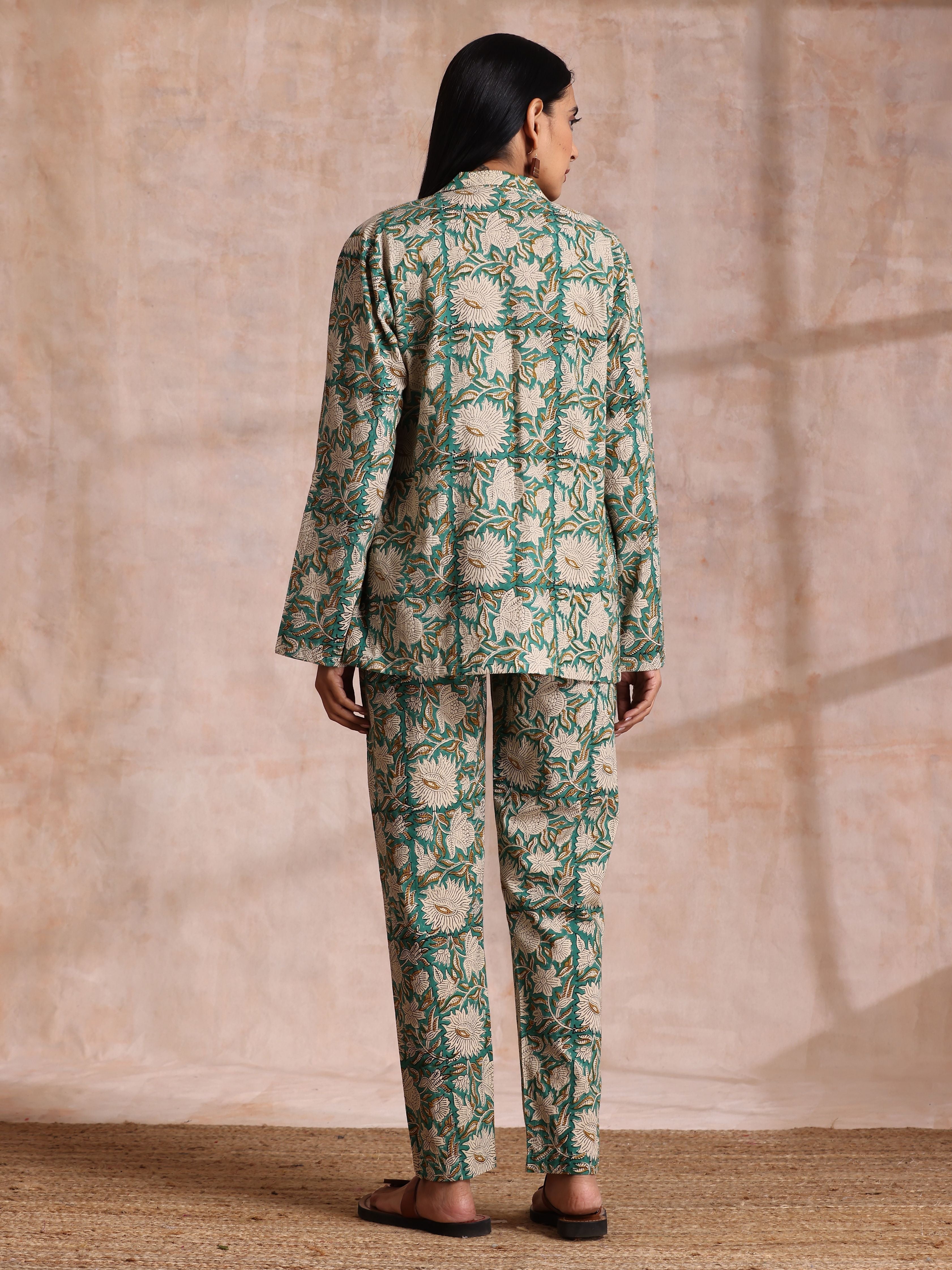 trueBrowns Fern Green Overall Floral Block Print Cotton Pant Suit Set | Grocsy