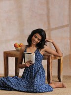 trueBrowns Indigo Dabu Floral Print Cotton Sleeveless Dress | Relove | Grocsy