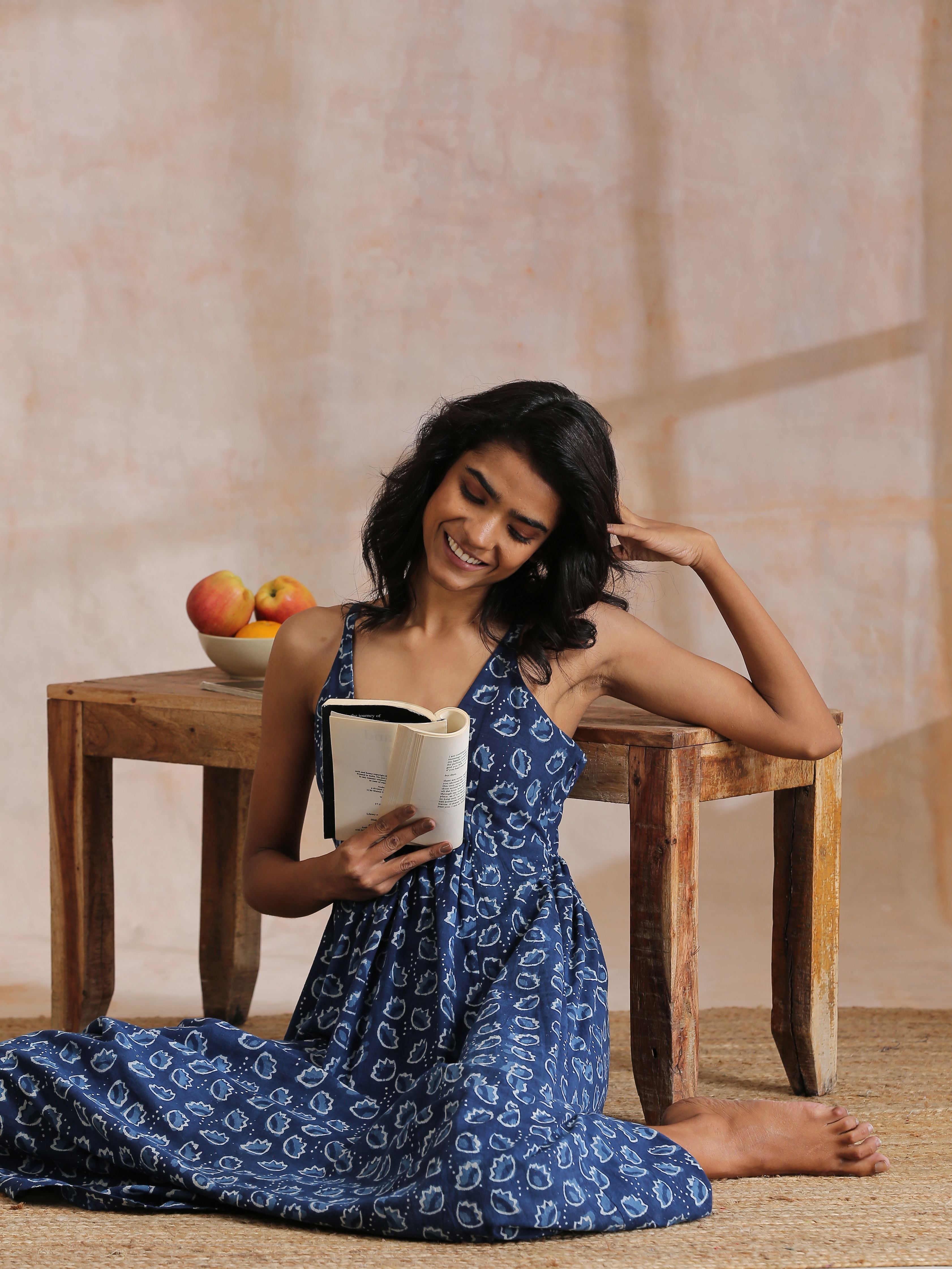 trueBrowns Indigo Dabu Floral Print Cotton Sleeveless Dress | Relove | Grocsy