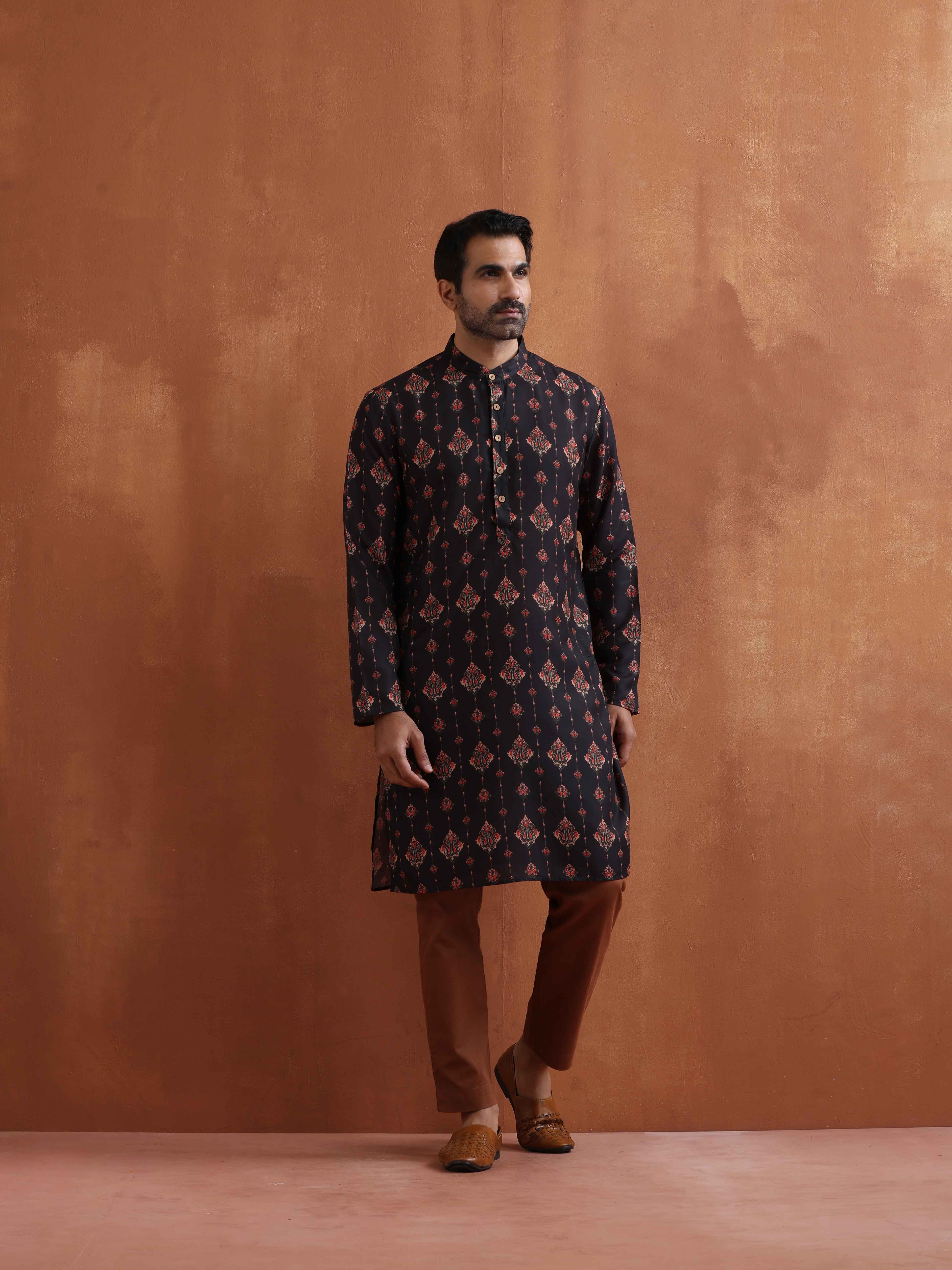 trueBrowns Men's Black Printed Kurta | Grocsy