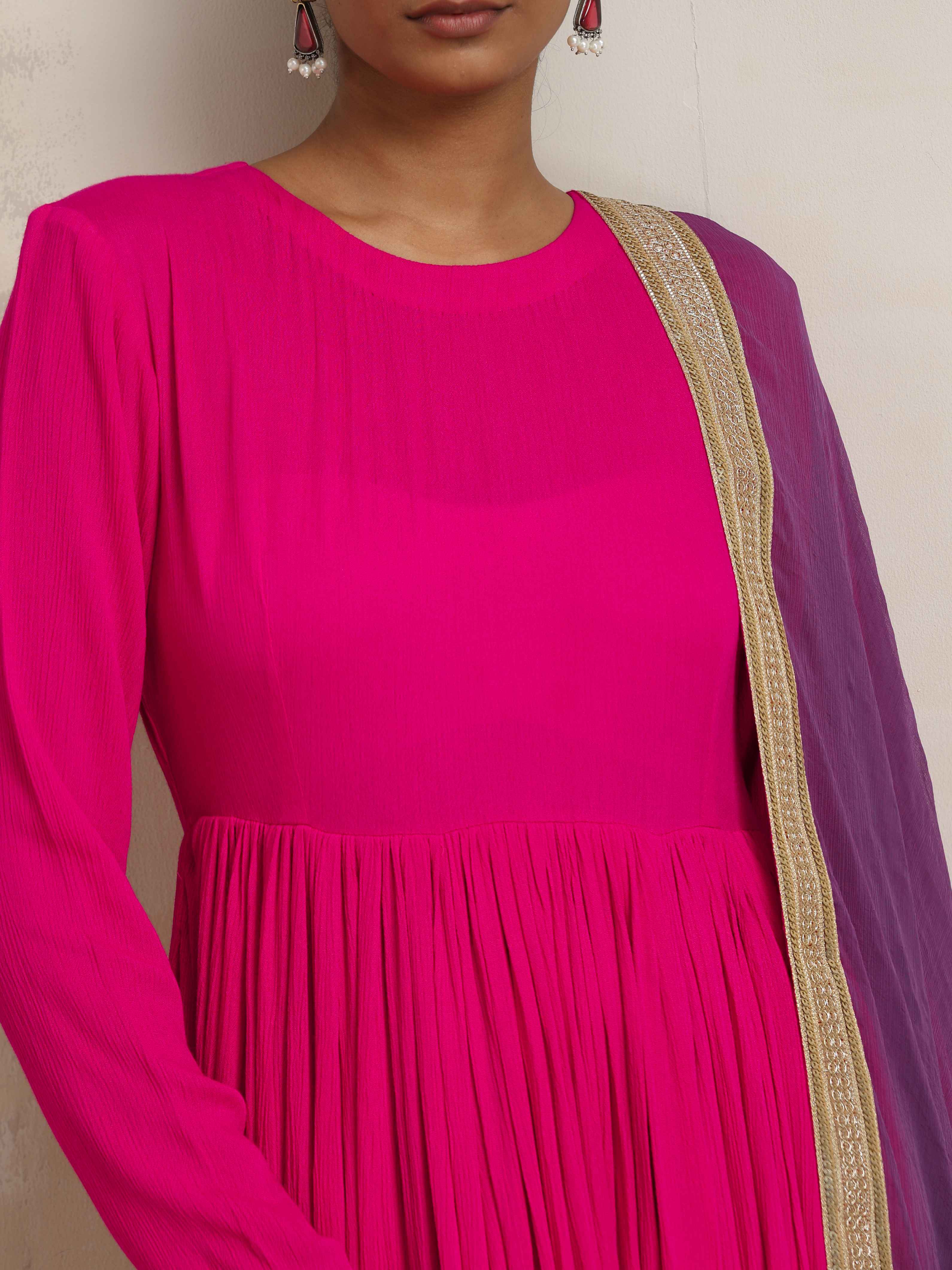 trueBrowns Pink Crinkle Anarkali Kurta Pant Dupatta Set | Grocsy