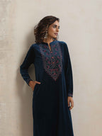 trueBrowns Blue Velvet Floral Embroidered Kurta Pant Dupatta Set | Grocsy