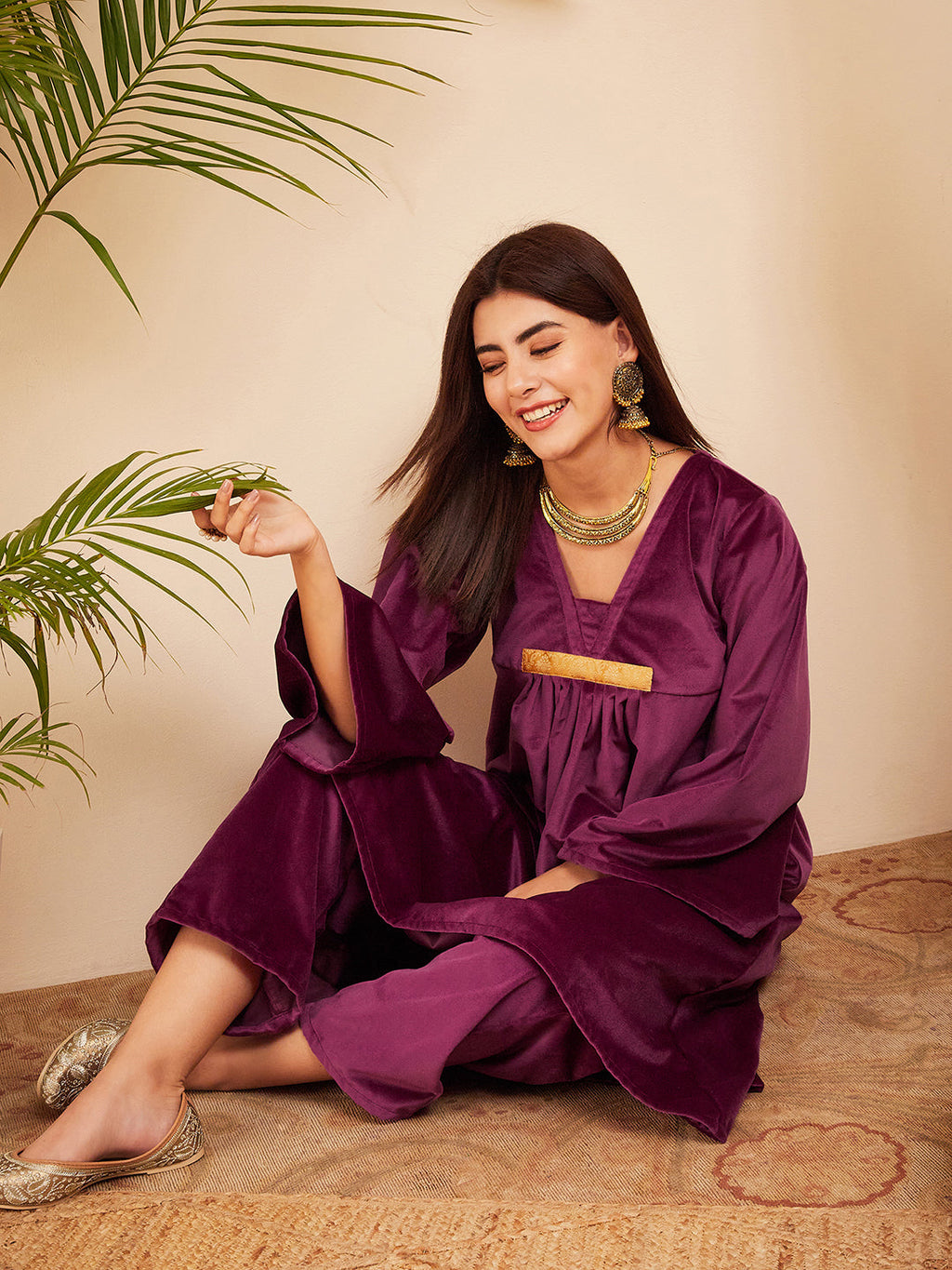 InWeave Women's Wine V Neck Asymmetrical Pleated Velvet Kurta Set | Grocsy