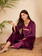 InWeave Women's Wine V Neck Asymmetrical Pleated Velvet Kurta Set | Grocsy