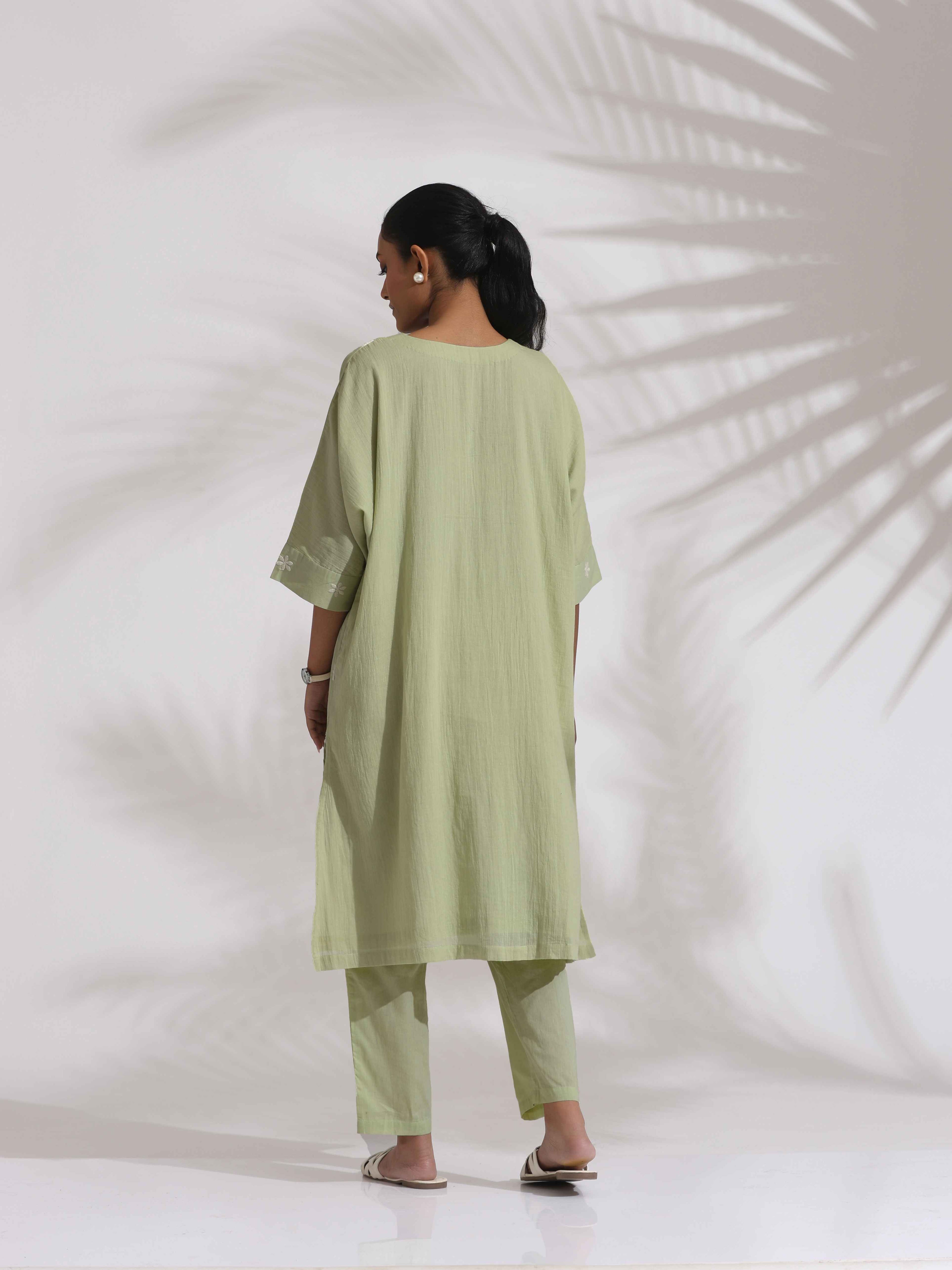 trueBrowns Green Cotton Floral Embroidered Kurta Co-ord Set | Grocsy