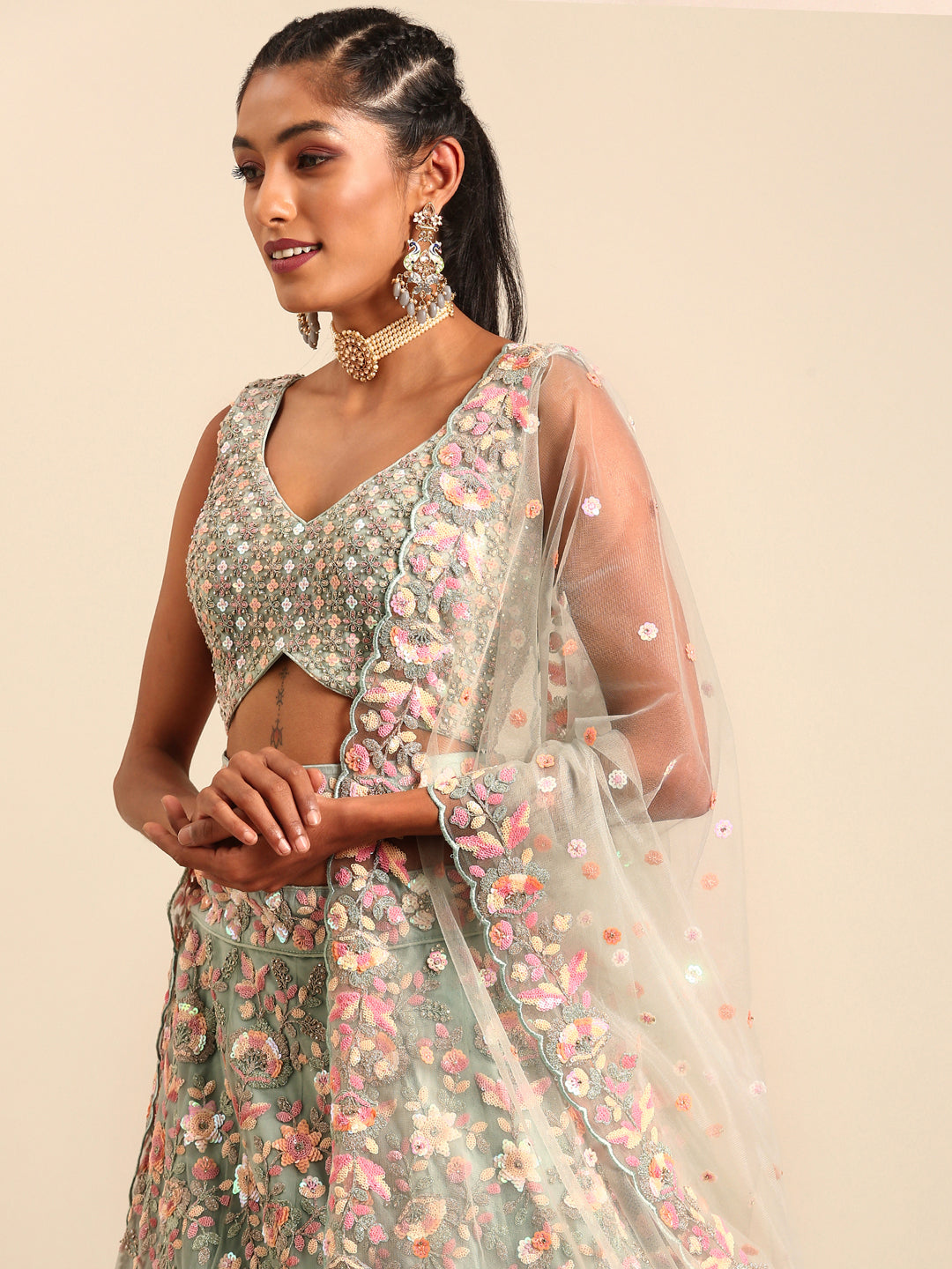 House of Panchhi Sea green Net Multi Sequins with heavy Zarkan embroidery Lehenga choli & Dupatta | Grocsy