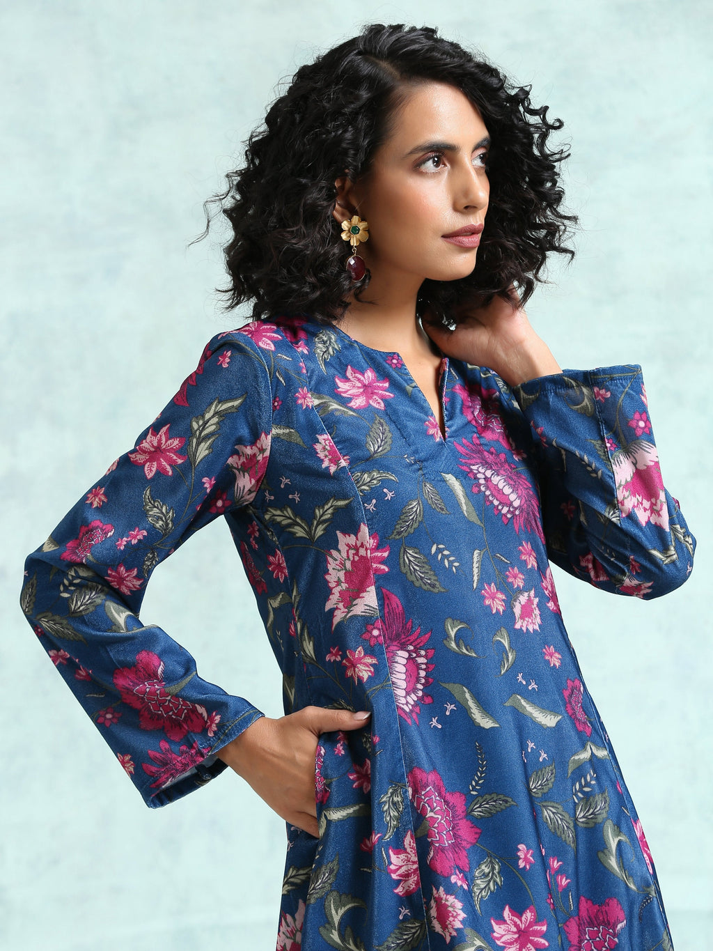 trueBrowns Blue Printed Velvet Co-Ord Set | Grocsy