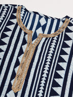 InWeave Women's White Navy Stripe Print Gota Straight Kurta | Grocsy