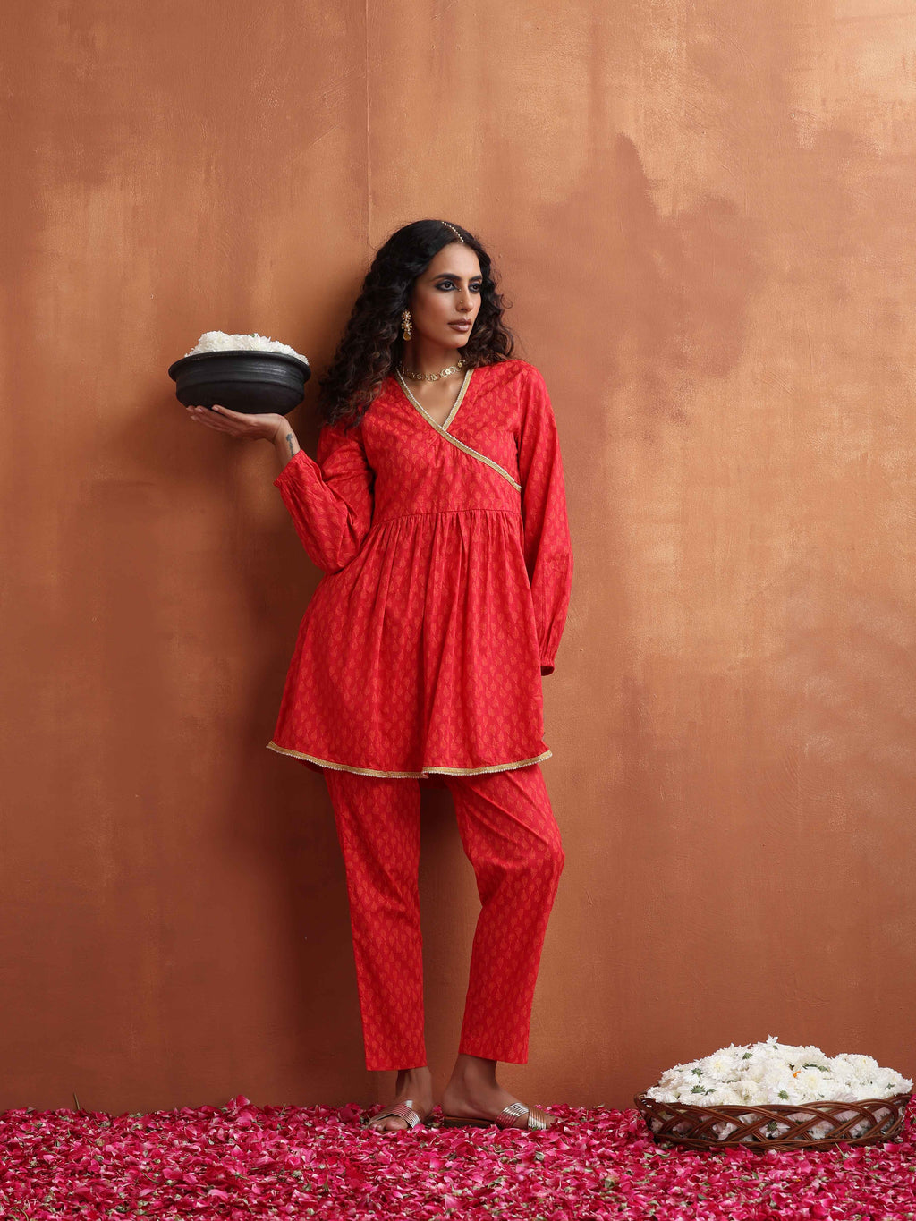 trueBrowns Red Print Angrakha Co-ord Set | Grocsy