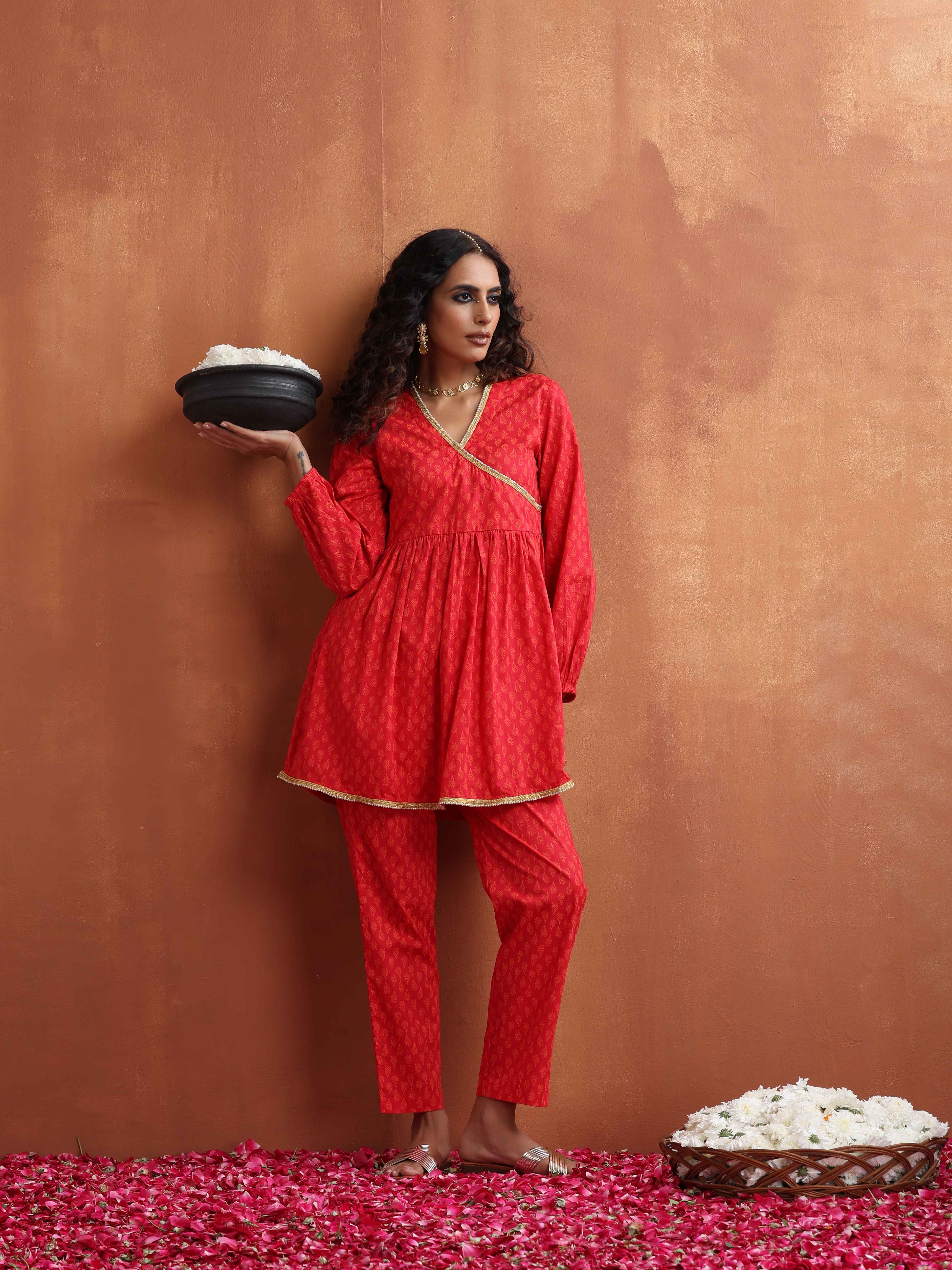 trueBrowns Red Print Angrakha Co-ord Set | Grocsy
