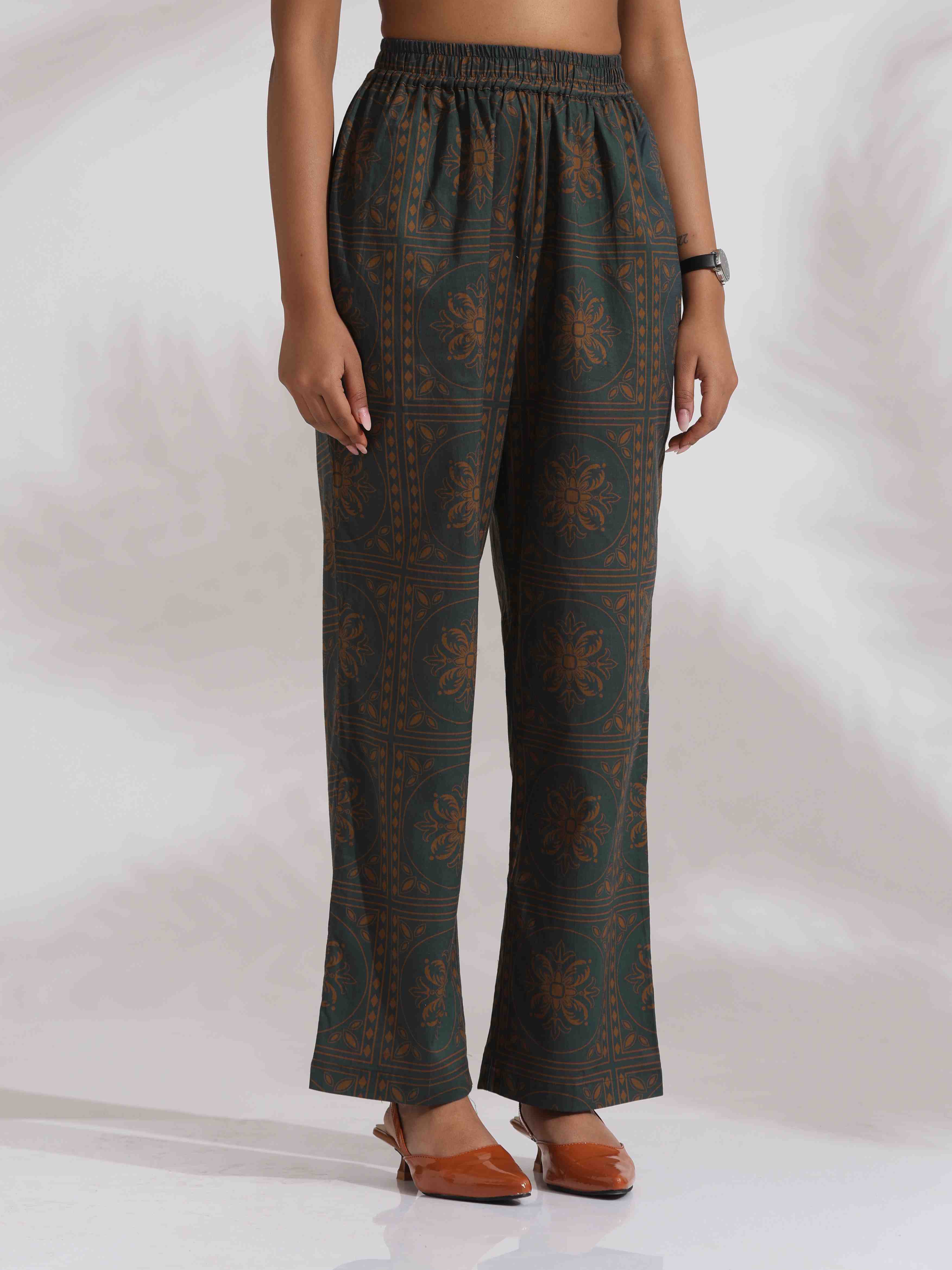 trueBrowns Green Cotton Print Shirt Top & Pants Co-ord Set | Grocsy