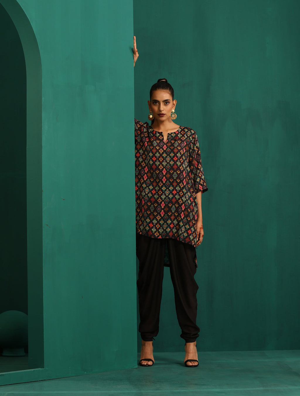 trueBrowns Black Ikat Muslin Silk Printed High Low Co-ord Set | Grocsy