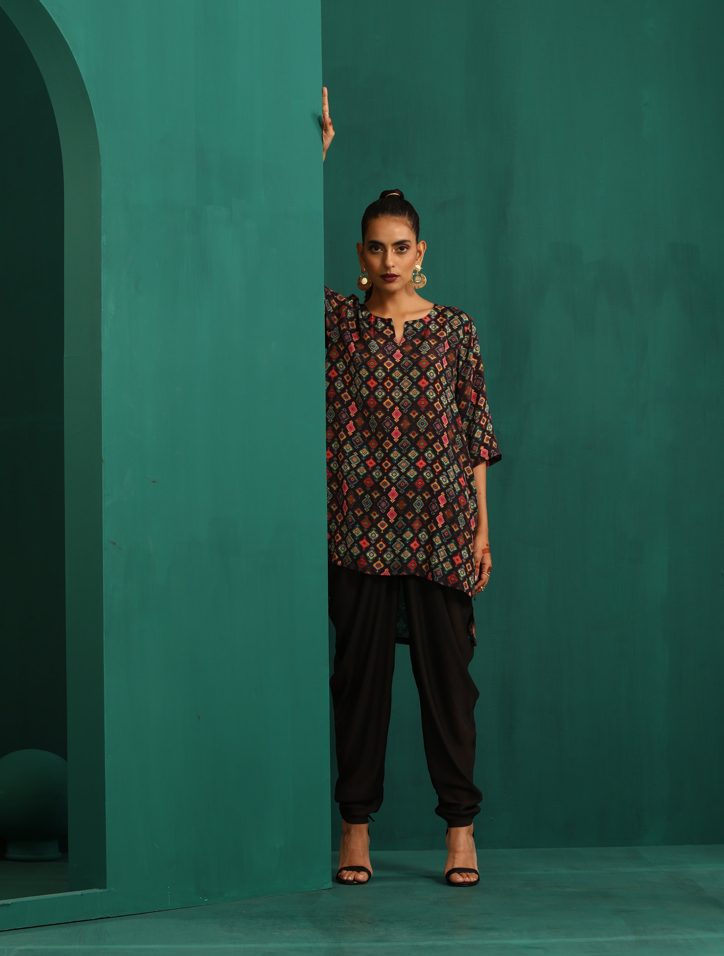 trueBrowns Black Ikat Muslin Silk Printed High Low Co-ord Set | Grocsy