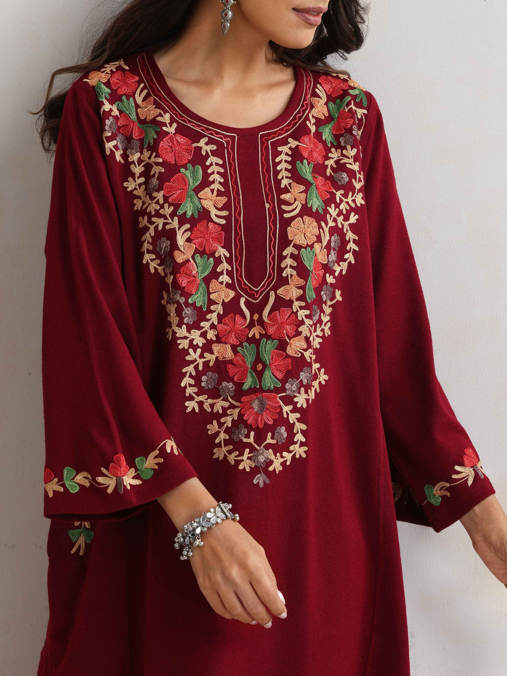 trueBrowns Maroon Kashmiri Embroidered Woollen Phiran Kurta | Grocsy
