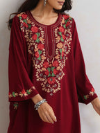 trueBrowns Maroon Kashmiri Embroidered Woollen Phiran Kurta | Grocsy