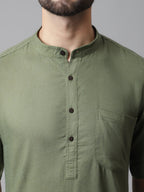 Even Apparels Green Pure Cotton Kurta With Band Collar | Grocsy