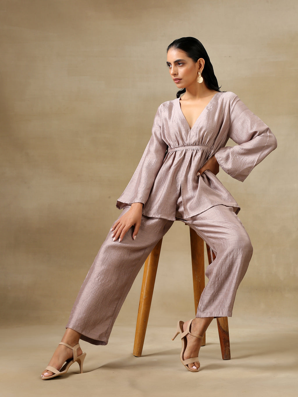 trueBrowns Grey Textured Silk Deep V-Neck Co-Ord Set | Grocsy