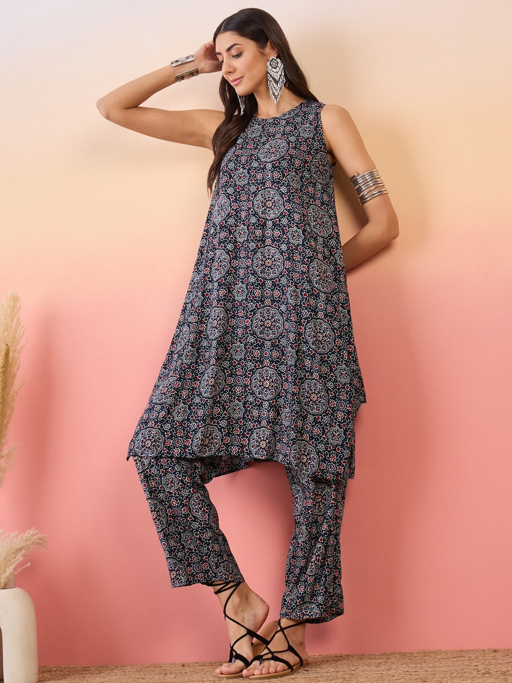 InWeave Navy Maroon Ajrakh Foil Round Neck Kurta Pant Set | Grocsy