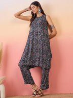 InWeave Navy Maroon Ajrakh Foil Round Neck Kurta Pant Set | Grocsy