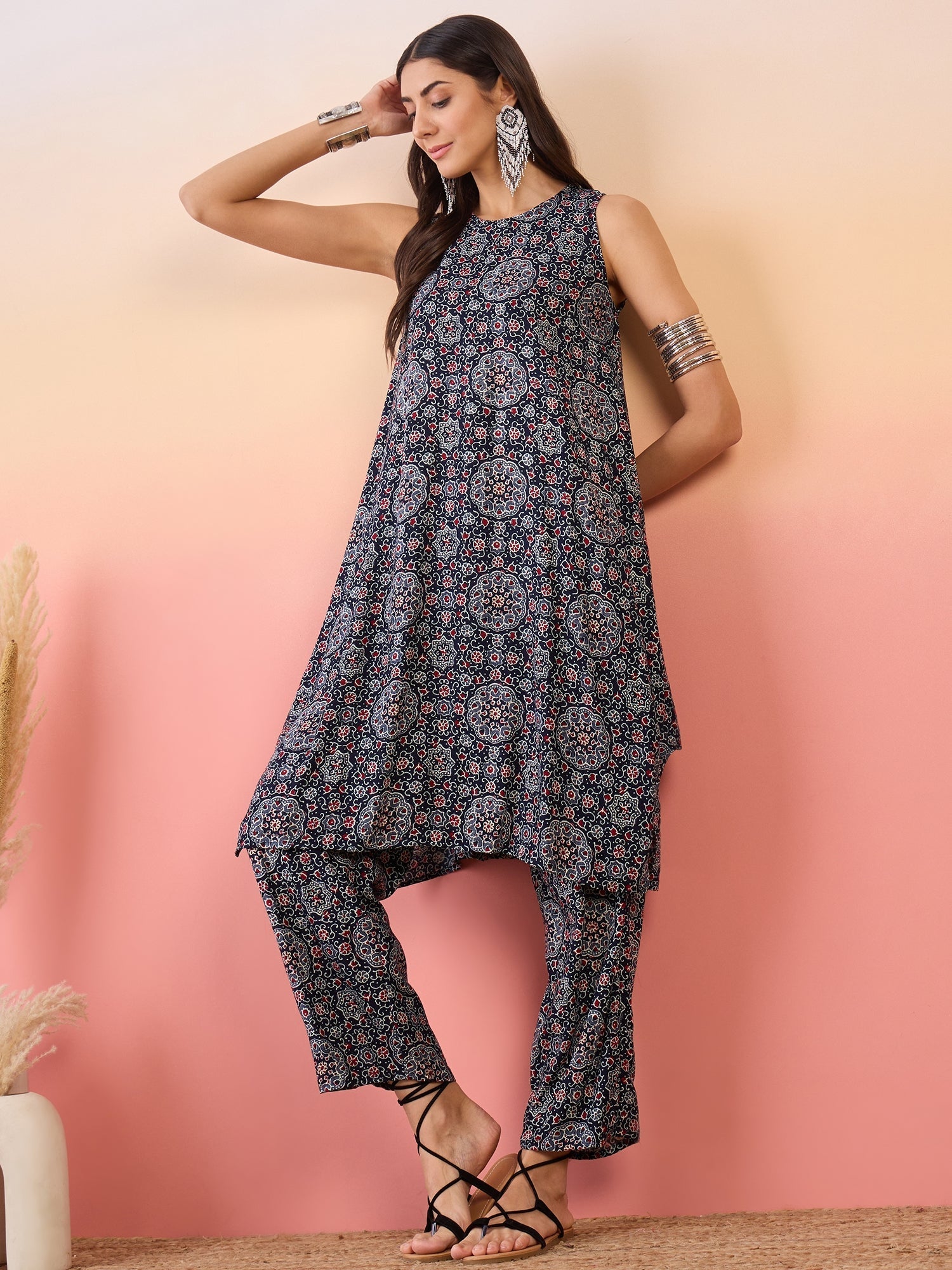 InWeave Navy Maroon Ajrakh Foil Round Neck Kurta Pant Set | Grocsy