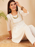 InWeave Women's White Round Neck Square Gota Work Kurta Pant Set | Grocsy