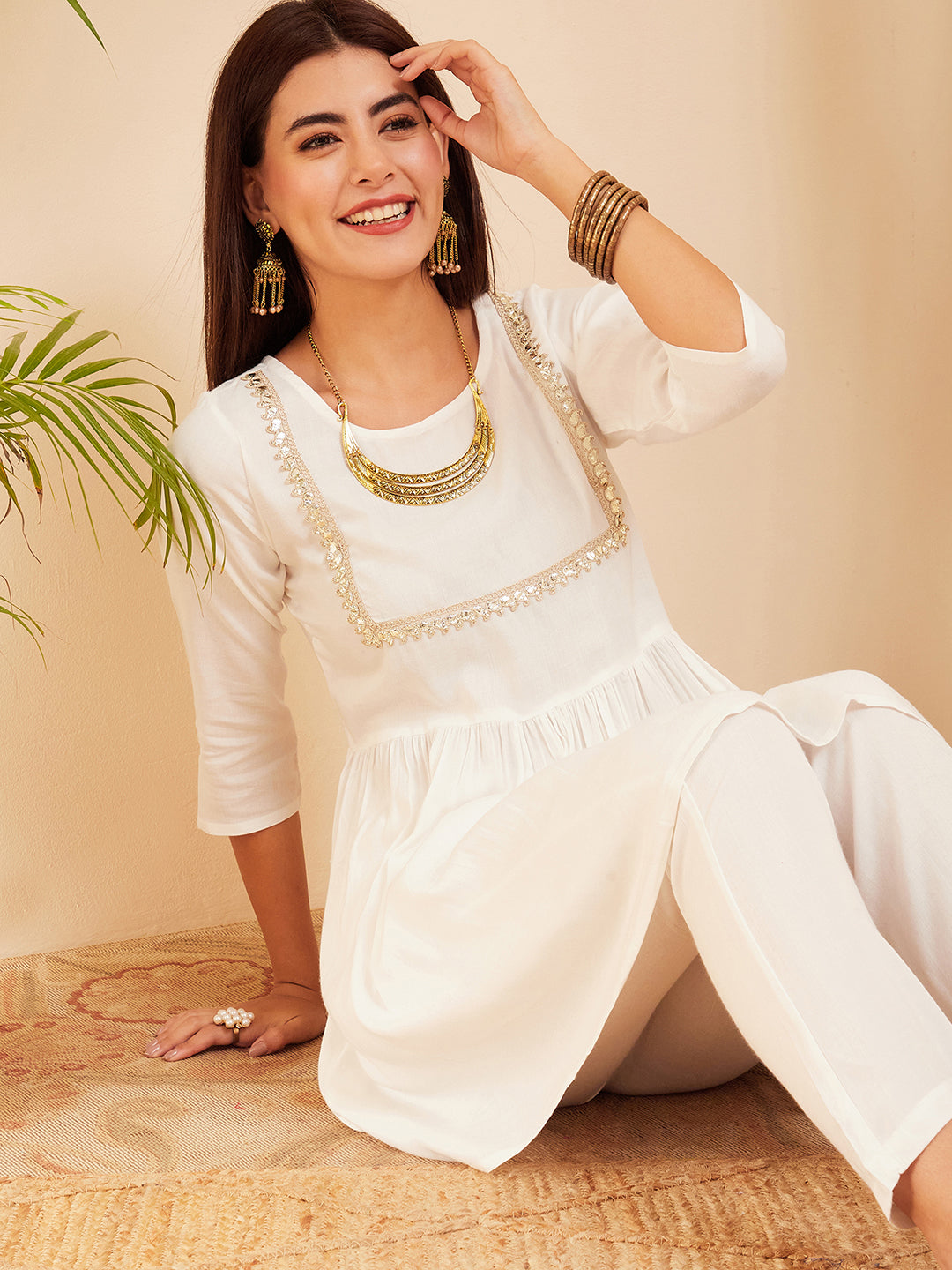 InWeave Women's White Round Neck Square Gota Work Kurta Pant Set | Grocsy