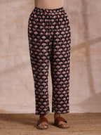 trueBrowns Black Floral Bagru Print Cotton Flared Kurta Pant Set | Grocsy