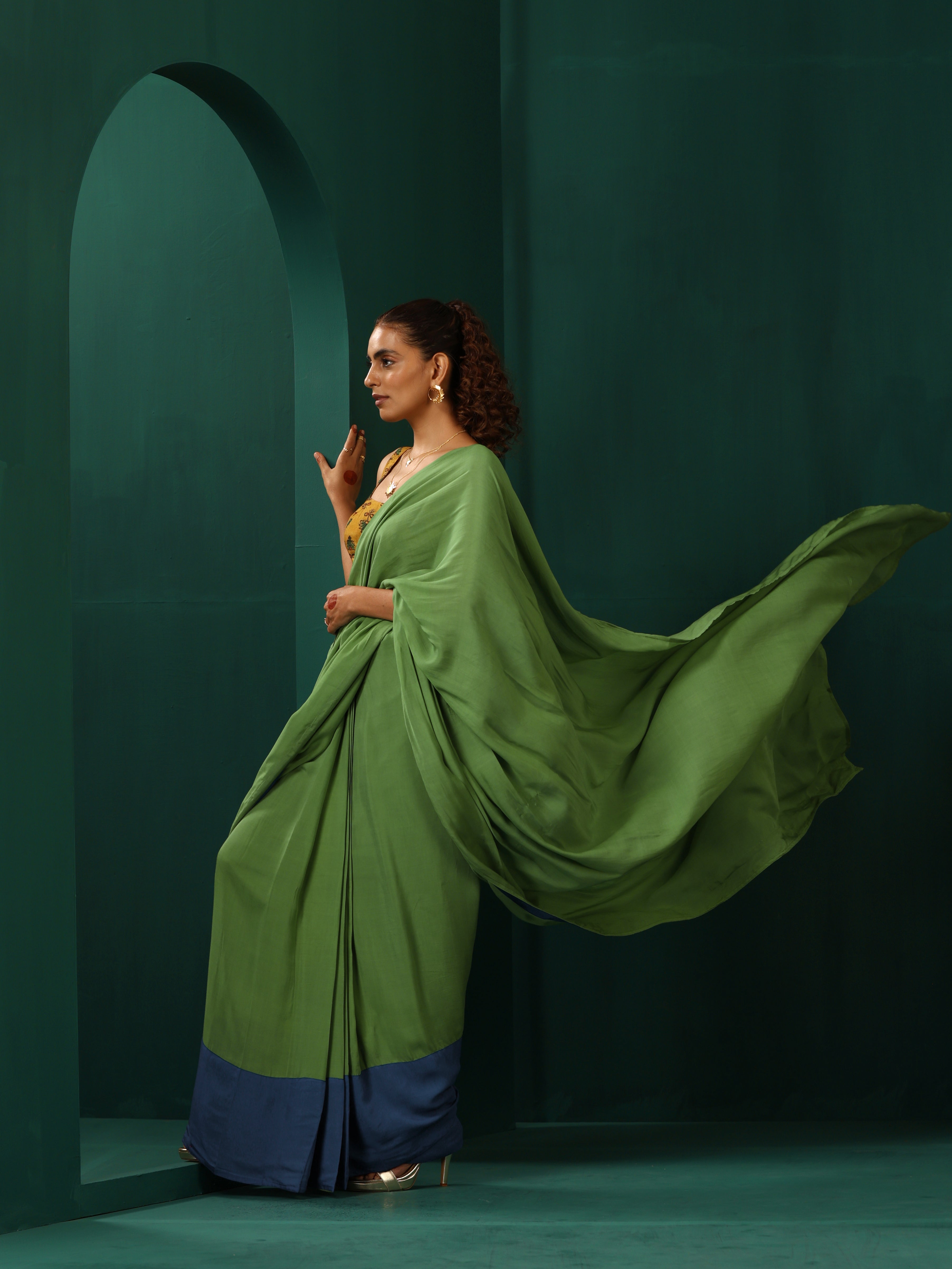 trueBrowns Green Muslin Silk Ready to Wear Saree | Grocsy
