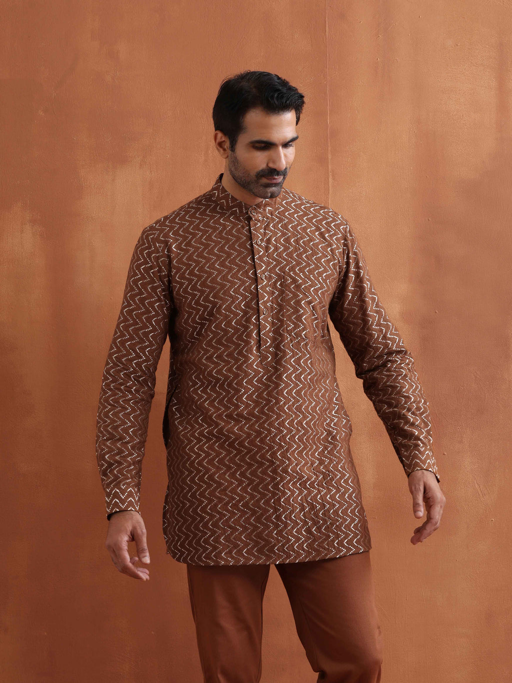 trueBrowns Men's Brown Cotton Dobby Short Kurta | Grocsy
