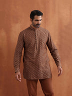 trueBrowns Men's Brown Cotton Dobby Short Kurta | Grocsy