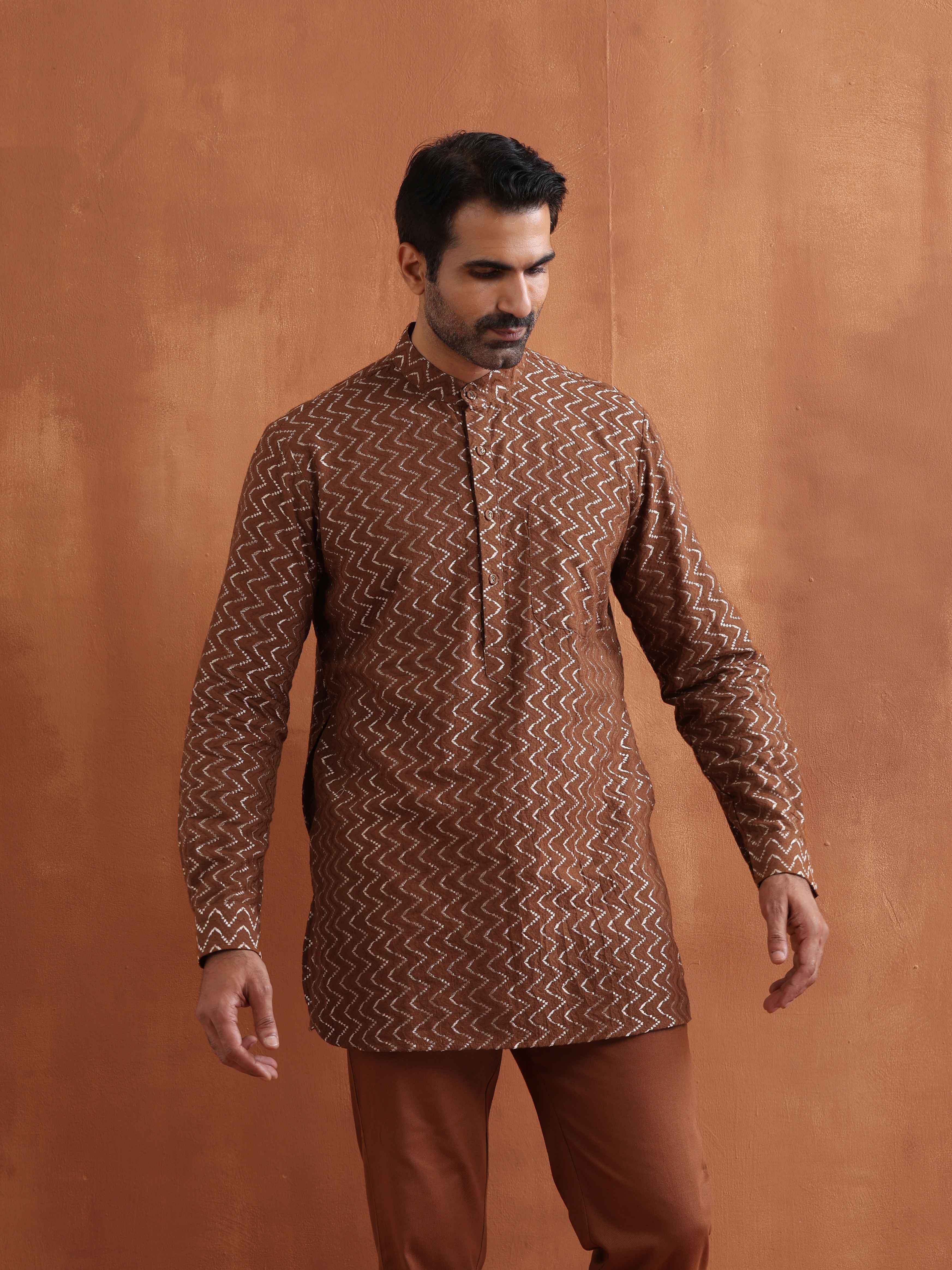 trueBrowns Men's Brown Cotton Dobby Short Kurta | Grocsy