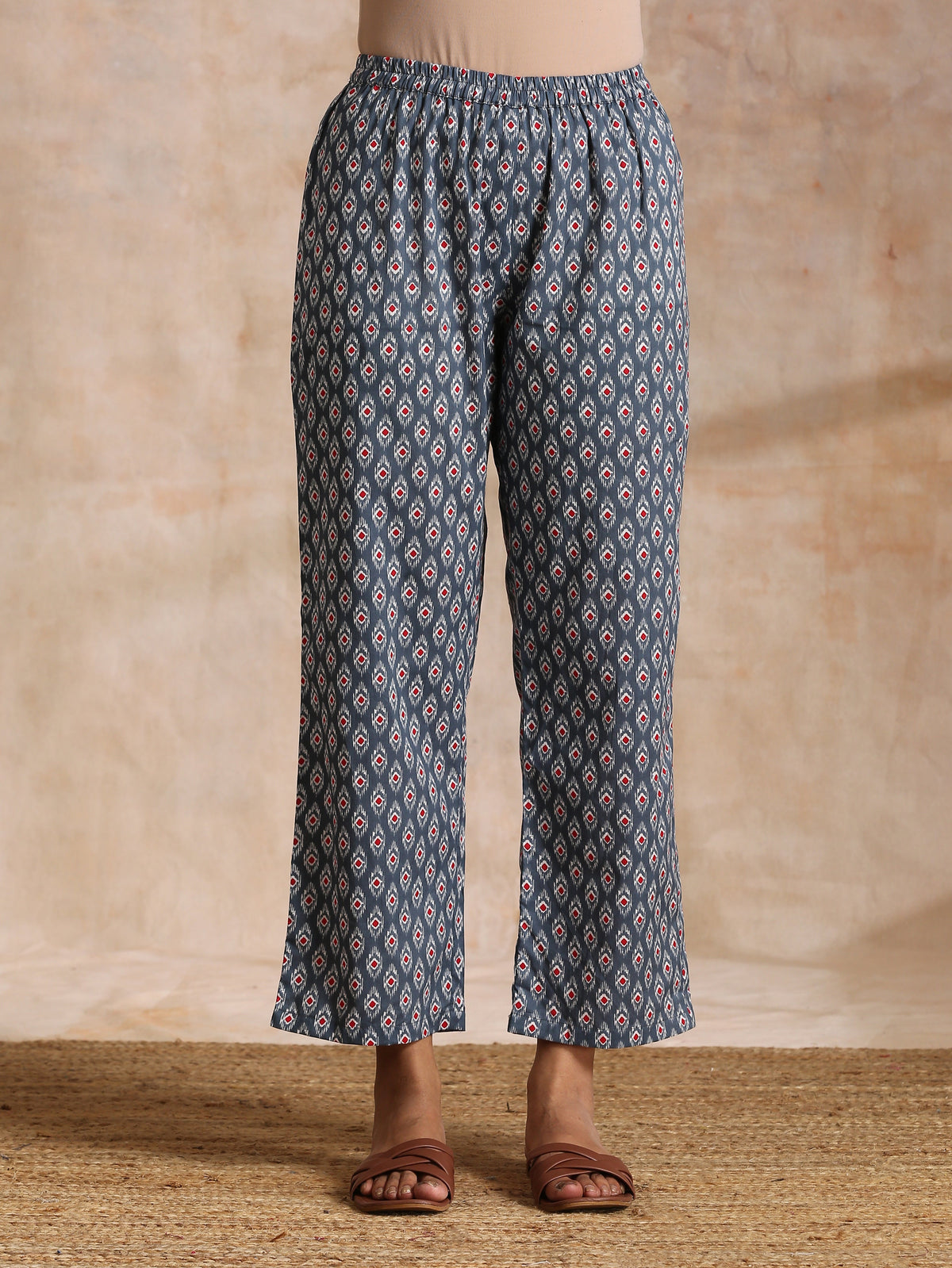 trueBrowns Steel Grey Ikat Print Cotton Gathers Co-Ord Set | Grocsy