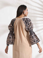 trueBrowns Beige Cotton Print Long Dress | Grocsy
