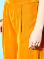 InWeave Women's Mustard Velvet Kurta Set With Mustard Kota Bandhani Dupatta | Grocsy