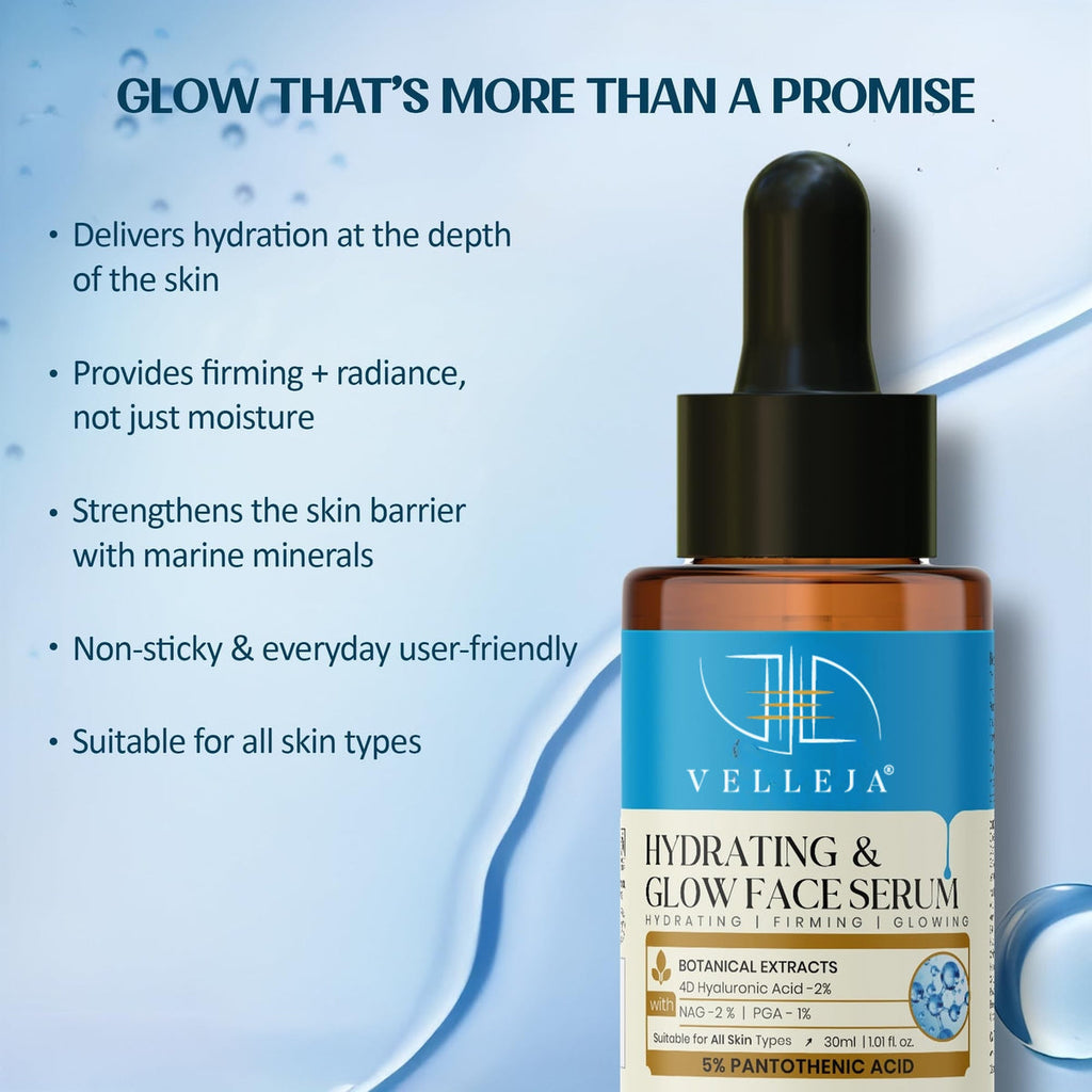 Velleja Hyaluronic Acid Hydrating & Glow Face Serum|48-Hour Moisture Lock|Plumping, Firming & Lightweight Serum for Extra Dry Skin | Grocsy