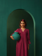 trueBrowns Maroon Silk Puff Sleeve Kurta Pant Set | Grocsy