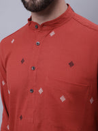 Even Apparels Rust Pure Cotton Kurta With Band Collar | Grocsy