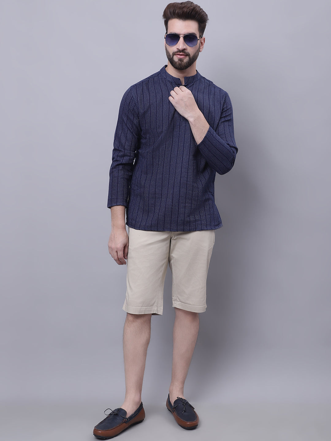 Indian Clothing Even Apparels Blue Pure Cotton Short Kurta With Band Collar | Grocsy