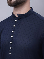 Even Apparels Blue Pure Cotton Kurta With Band Collar | Grocsy
