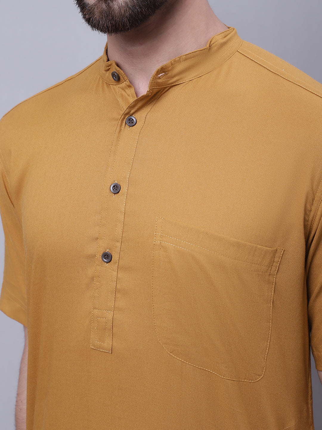 Even Apparels Mustard Pure Cotton Short Sleeves Kurta With Band Collar | Grocsy