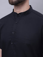 Even Apparels Black Pure Cotton Short Sleeves Kurta With Band Collar | Grocsy