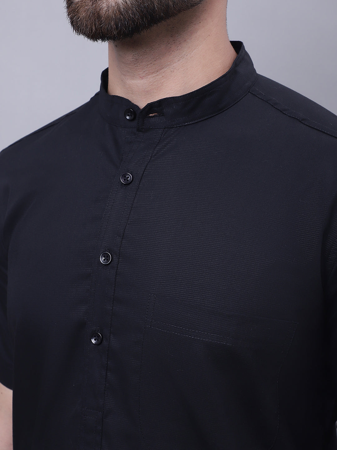 Even Apparels Black Pure Cotton Short Sleeves Kurta With Band Collar | Grocsy