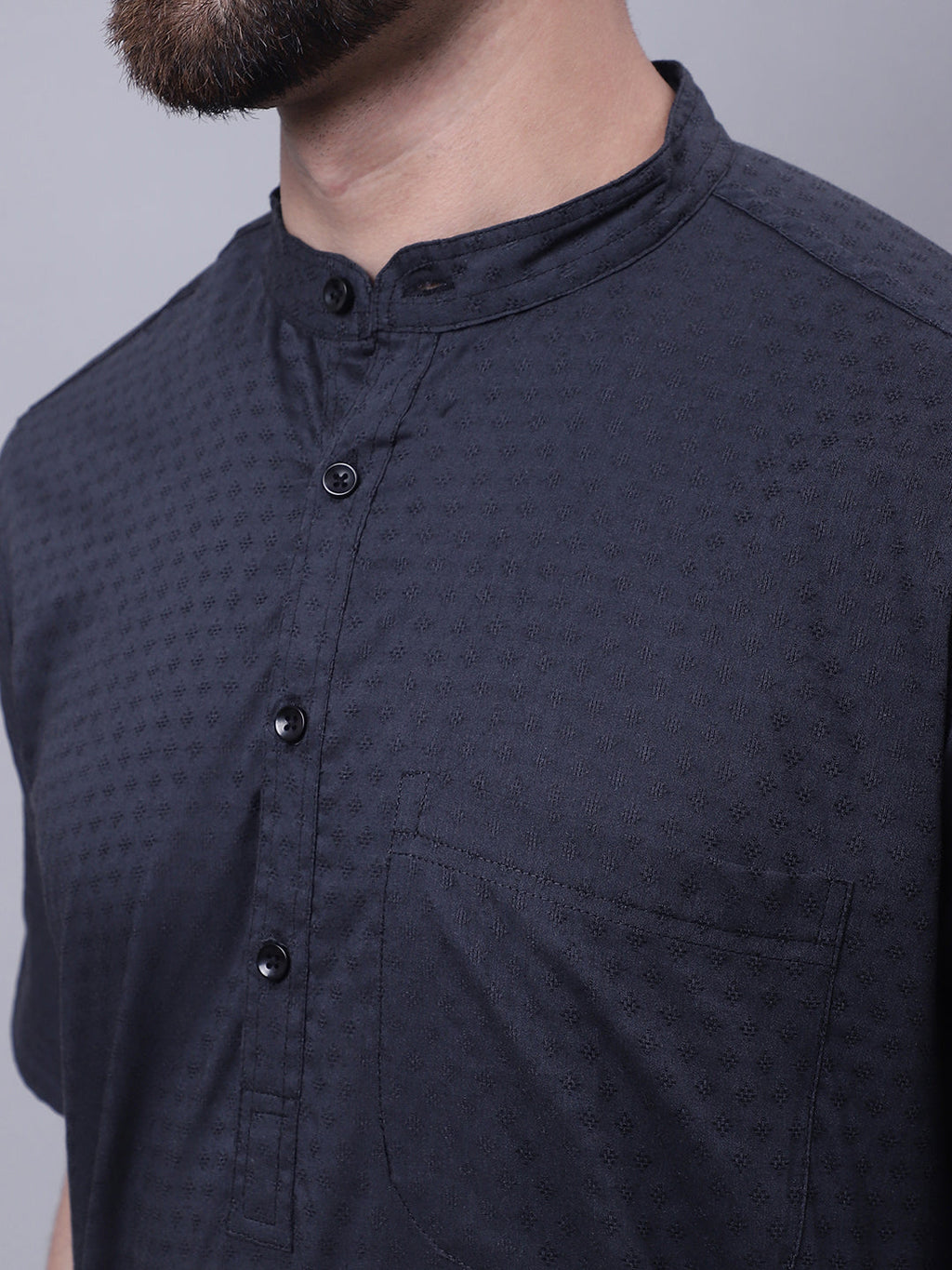Even Apparels Black Pure Cotton Short Sleeves Kurta With Band Collar | Grocsy
