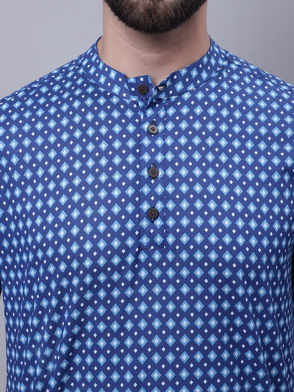 Even Apparels Blue Pure Cotton Short Kurta With Band Collar | Grocsy