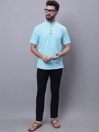 Even Apparels Blue Pure Cotton Short Kurta With Band Collar | Grocsy