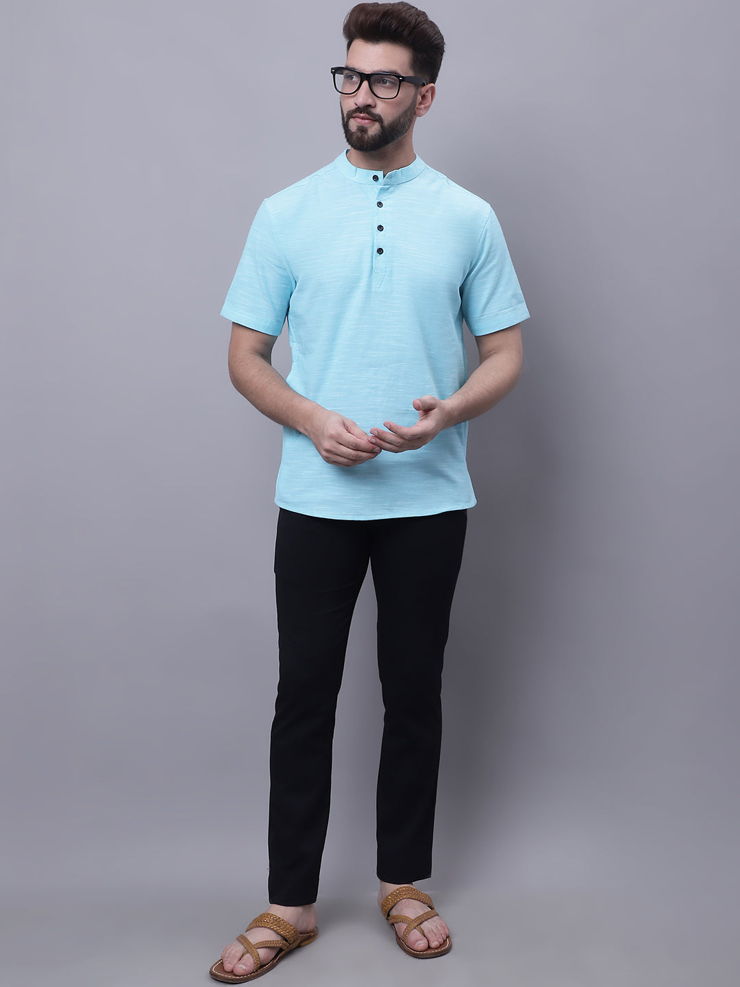 Even Apparels Blue Pure Cotton Short Kurta With Band Collar | Grocsy